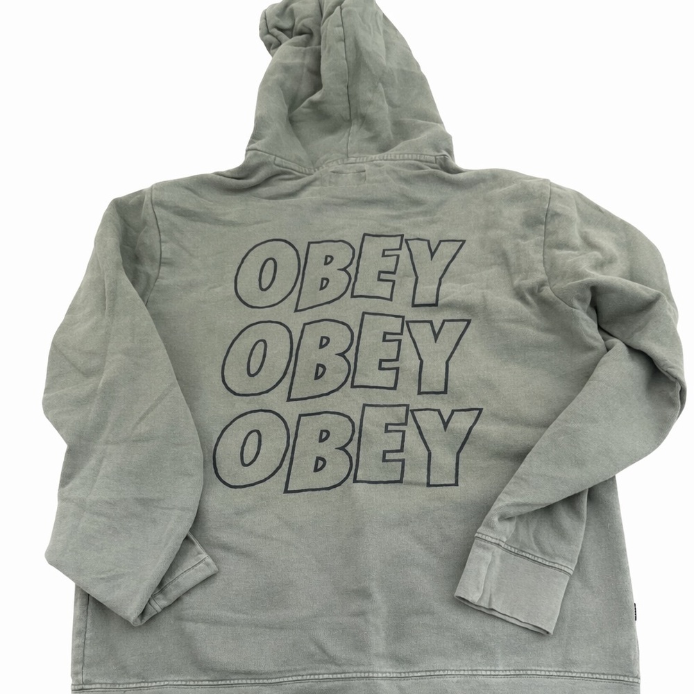 Obey Men's Gray-Green Pullover Hoodie with Bold Logo